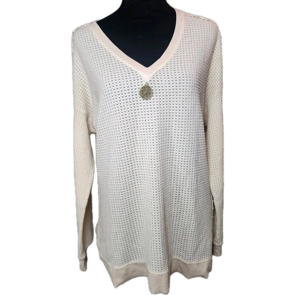 XCVI Womens Medium Thermal Waffle Knit Baggy Shirt Cream Lagenlook